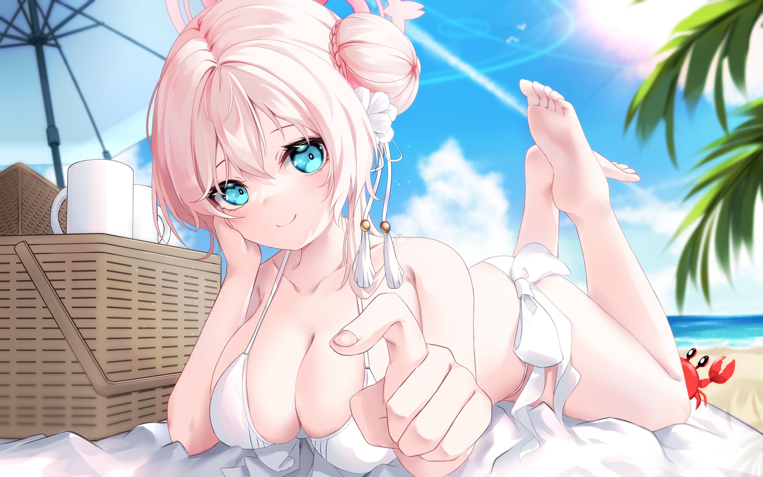 animal, aqua_eyes, barefoot, beach, bikini, blue_archive, blush, braids