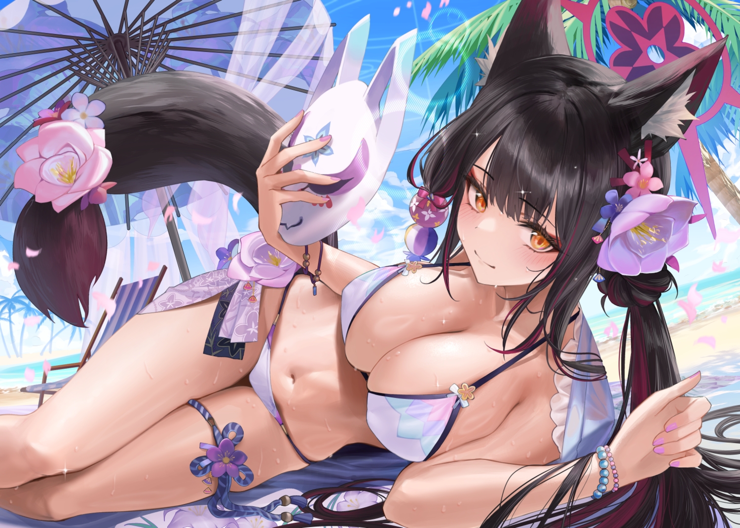 animal_ears, beach, bikini, black_hair, blue_archive, blush, breasts, cleavage, clouds, flowers, foxgirl, garter, kosaka_wakamo, long_hair, mask, navel, orange_eyes, petals, sky, swimsuit, tail, tree, umbrella, water, wet, wristwear, yasawa_kichi