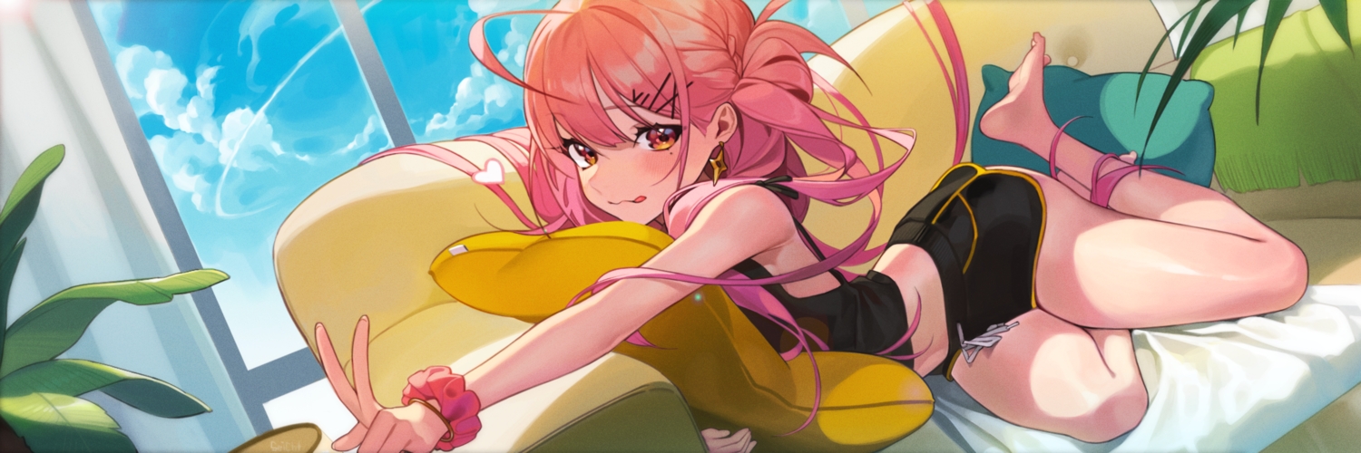 barefoot, blush, braids, cat_smile, clouds, couch, heart, long_hair, navel, original, pink_hair, red_eyes, sei!cho, shorts, sky, wristwear