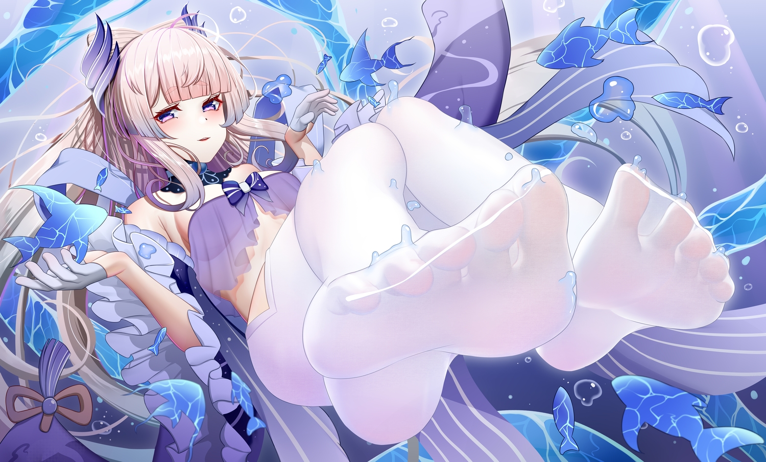 animal, atom_b, bow, breasts, bubbles, fish, genshin_impact, gloves, long_hair, pantyhose, pink_hair, purple_eyes, sangonomiya_kokomi, see_through, underwater, water