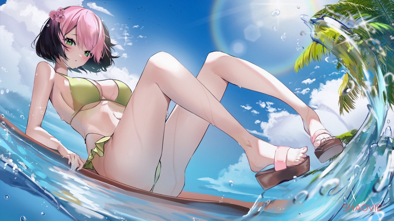 ass, bikini, blush, breasts, cleavage, clouds, green_eyes, navel