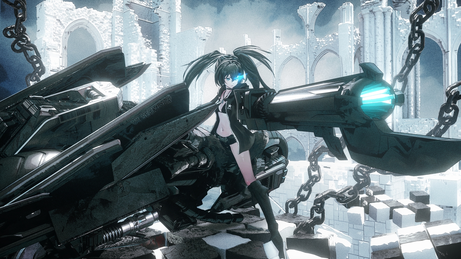 aqua_eyes, bikini_top, black_hair, black_rock_shooter, boots, chain, choker, gun, hood, kuroi_mato, long_hair, magic, motorcycle, necklace, punishing:_gray_raven, ruins, seymour, shorts, twintails, watermark, weapon