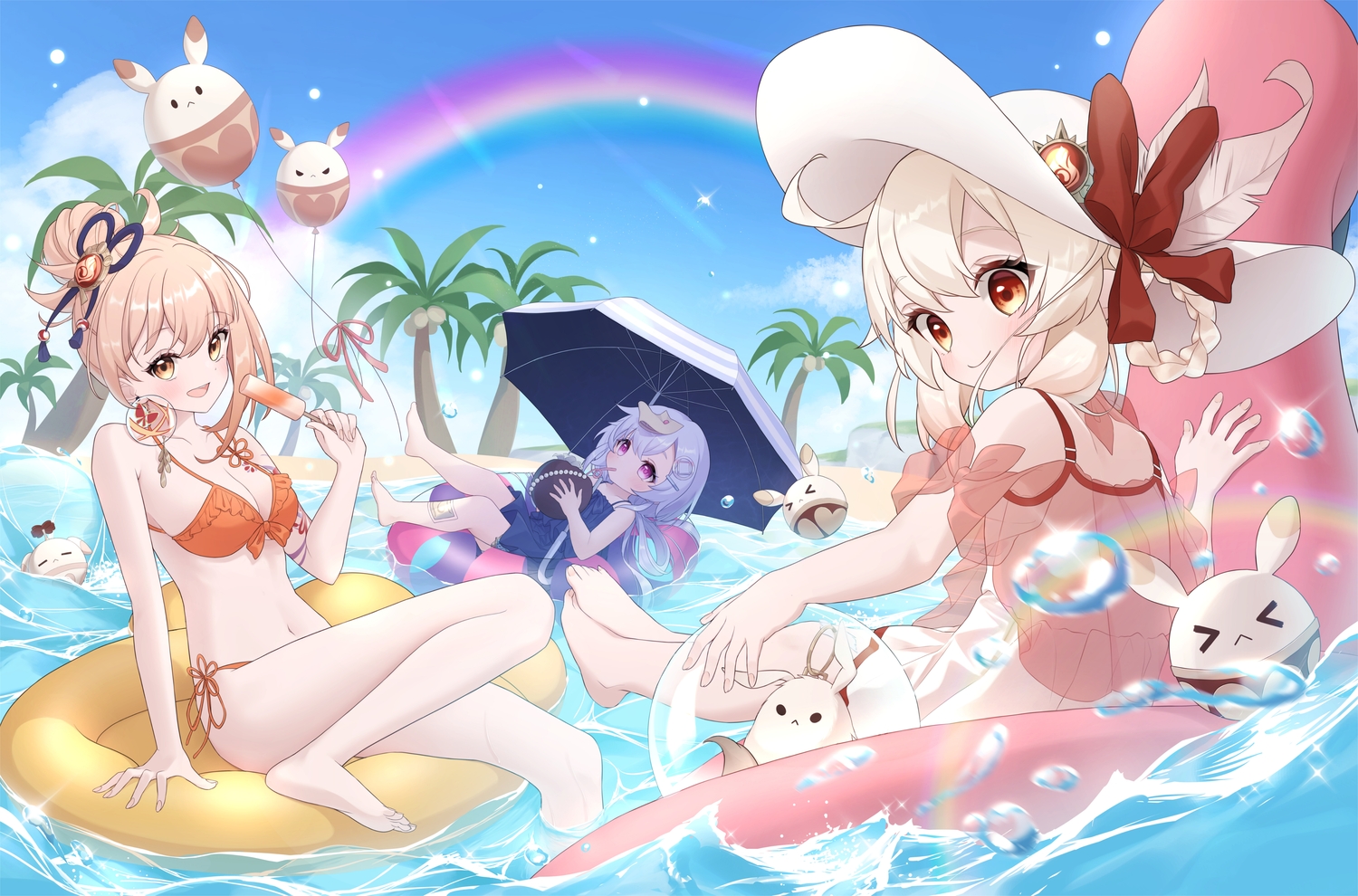 ball, barefoot, blonde_hair, blush, bow, breasts, brown_eyes, cleavage, clouds, drink, genshin_impact, hat, klee_(genshin_impact), loli, navel, neneko_sleep, popsicle, purple_eyes, purple_hair, qiqi_(genshin_impact), rainbow, red_eyes, see_through, short_hair, sky, swim_ring, tree, umbrella, water, yoimiya_(genshin_impact)