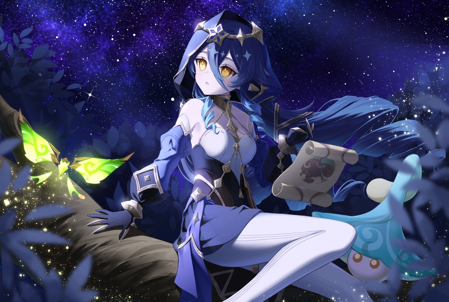 blue_hair, butterfly, choker, dress, genshin_impact, gloves, layla_(genshin_impact), leaves, long_hair, neneko_sleep, night, paper, pointed_ears, sky, stars, wristwear, yellow_eyes