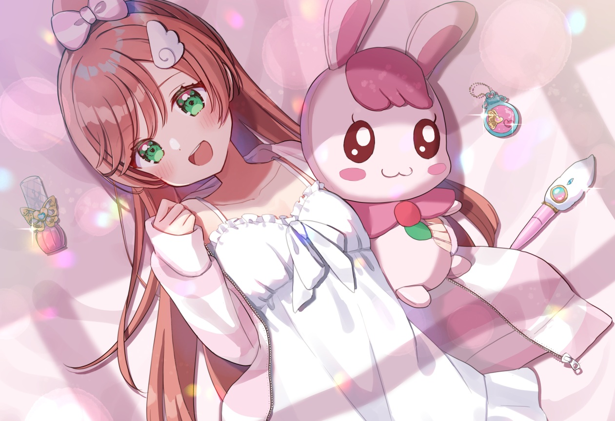 blush, brown_hair, green_eyes, healin'_good_precure, hirogaru_sky!_precure, hood, long_hair, nijigaoka_mashiro, pajamas, precure, shuu_(mniarnoakou)