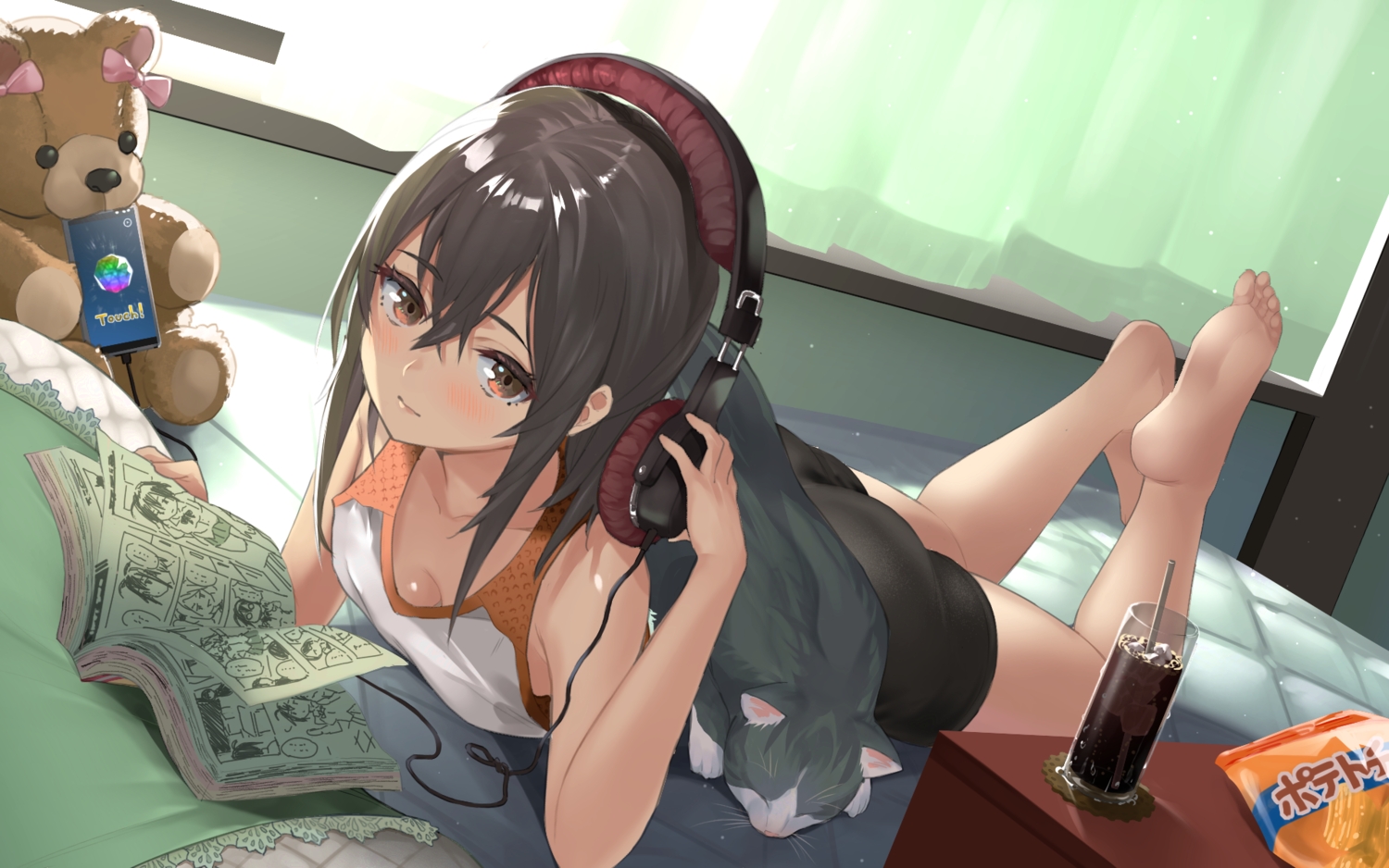 ass, barefoot, bed, bike_shorts, blush, book, breasts, brown_eyes