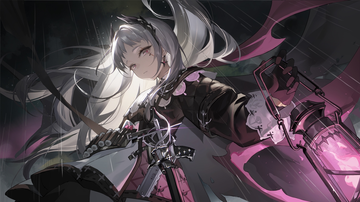 arknights, cape, dress, gloves, gray_eyes, gray_hair, gun, irene_(arknights), long_hair, maipianvale, rain, scar, sword, water, weapon