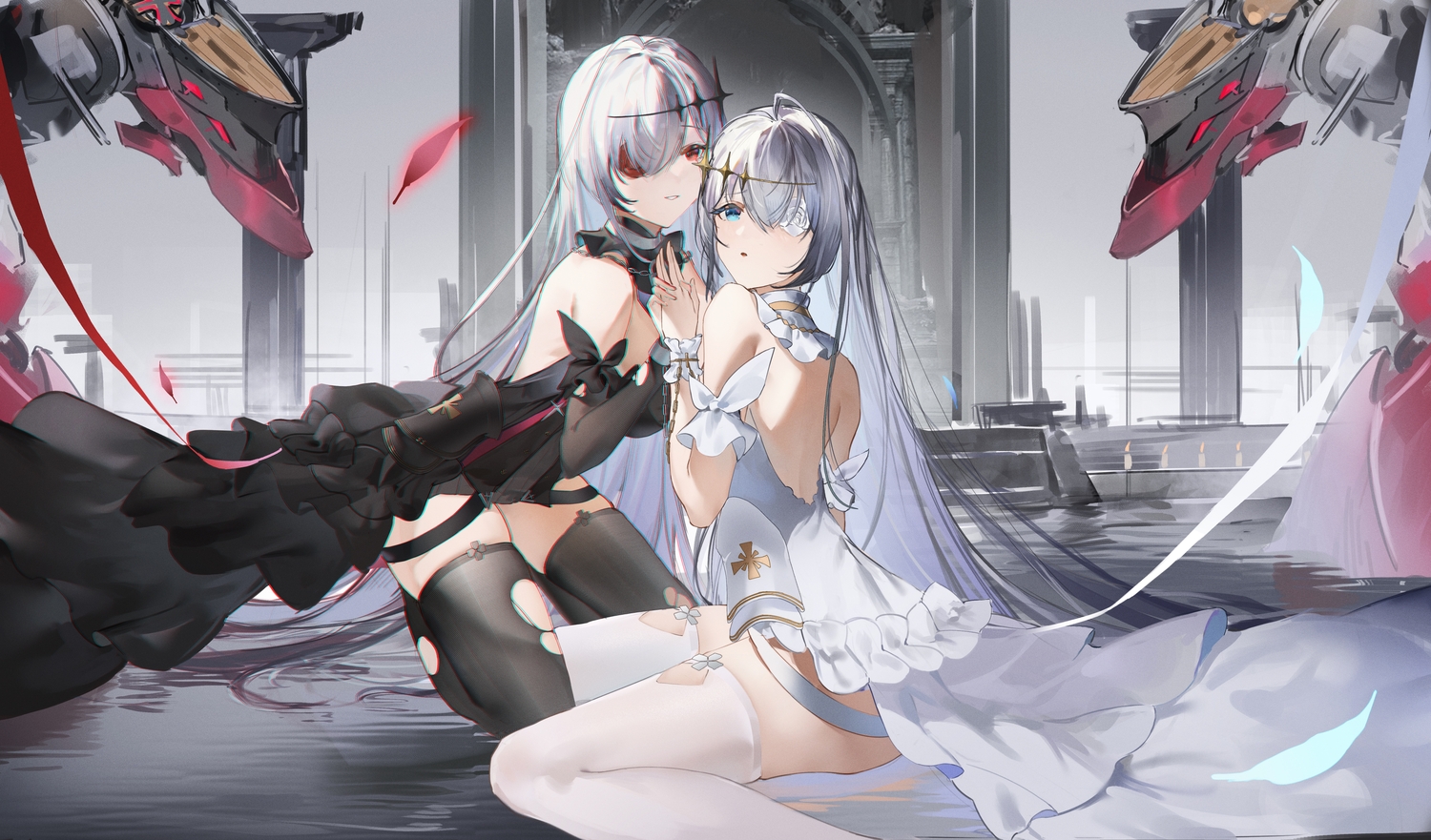 2girls, anthropomorphism, aqua_eyes, azur_lane, chain, dress, emden_(azur_lane), eyepatch