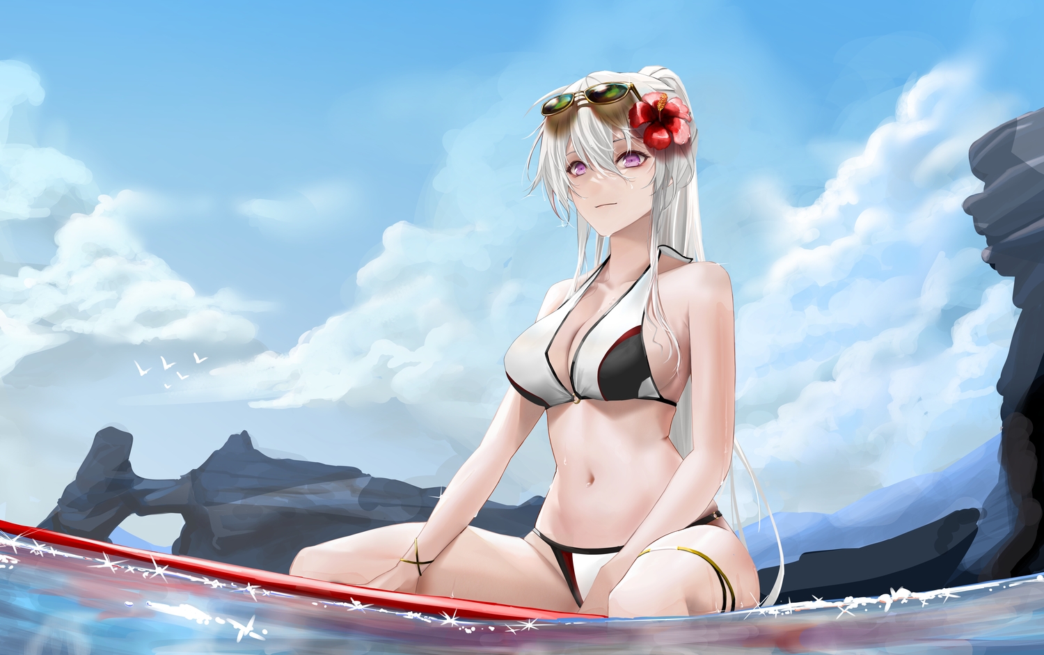 anthropomorphism, azur_lane, bikini, breasts, cleavage, clouds, enterprise_(azur_lane), gray_hair, long_hair, purple_eyes, scarfpen01, sky, sunglasses, swimsuit, water, white_hair