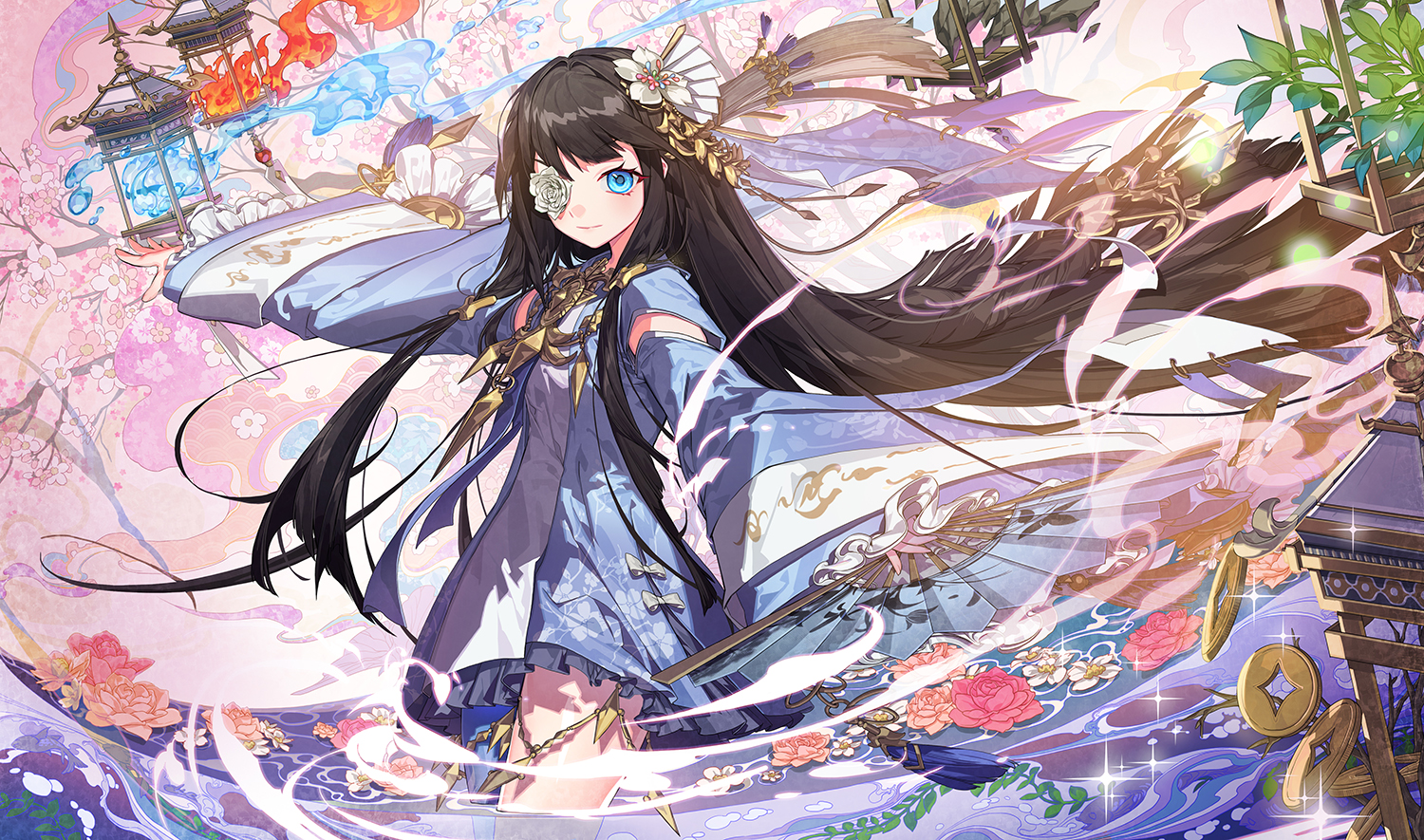 aqua_eyes, black_hair, eyepatch, fan, fire, flowers, japanese_clothes, long_hair, magic, necklace, original, pika_(kai9464), water