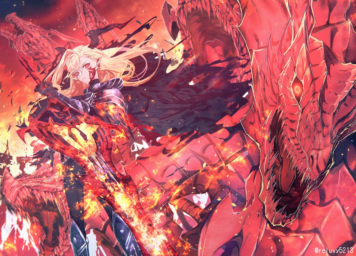armor, blonde_hair, cape, dragon, fate/grand_order, fate_(series), fire, gloves, long_hair, magic, pointed_ears, queen_draco_(fate), red, red_eyes, reluvy, sword, tattoo, watermark, weapon