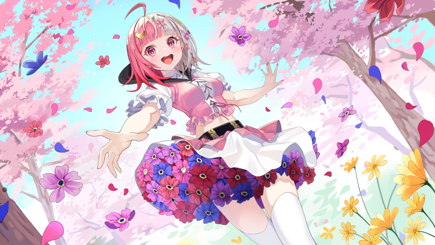 anthropomorphism, flowers, navel, petals, pink_hair, posom, shirt, short_hair, skirt, sky, spring_(takt_op.), takt_op., thighhighs, tree