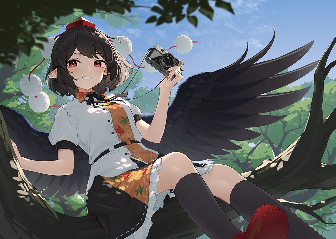 black_hair, bow, camera, clouds, hat, kanpa_(campagne_9), kneehighs, pointed_ears
