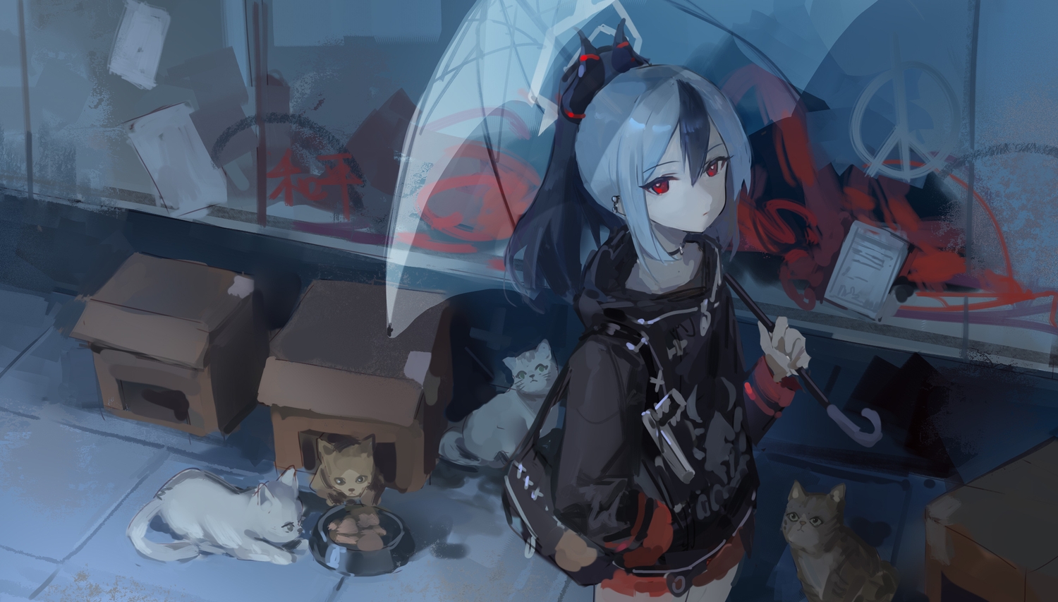animal, blue_archive, cat, choker, dark, graffiti, gun, hood