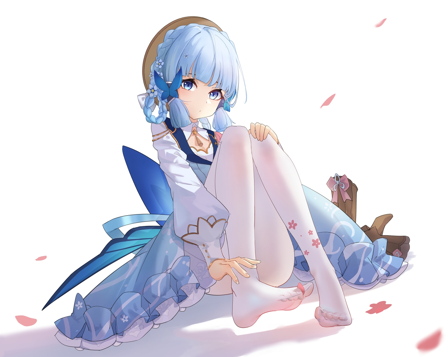 blue_eyes, blue_hair, braids, dress, genshin_impact, hat, kamisato_ayaka, pantyhose, penglai_de_yu, petals, white