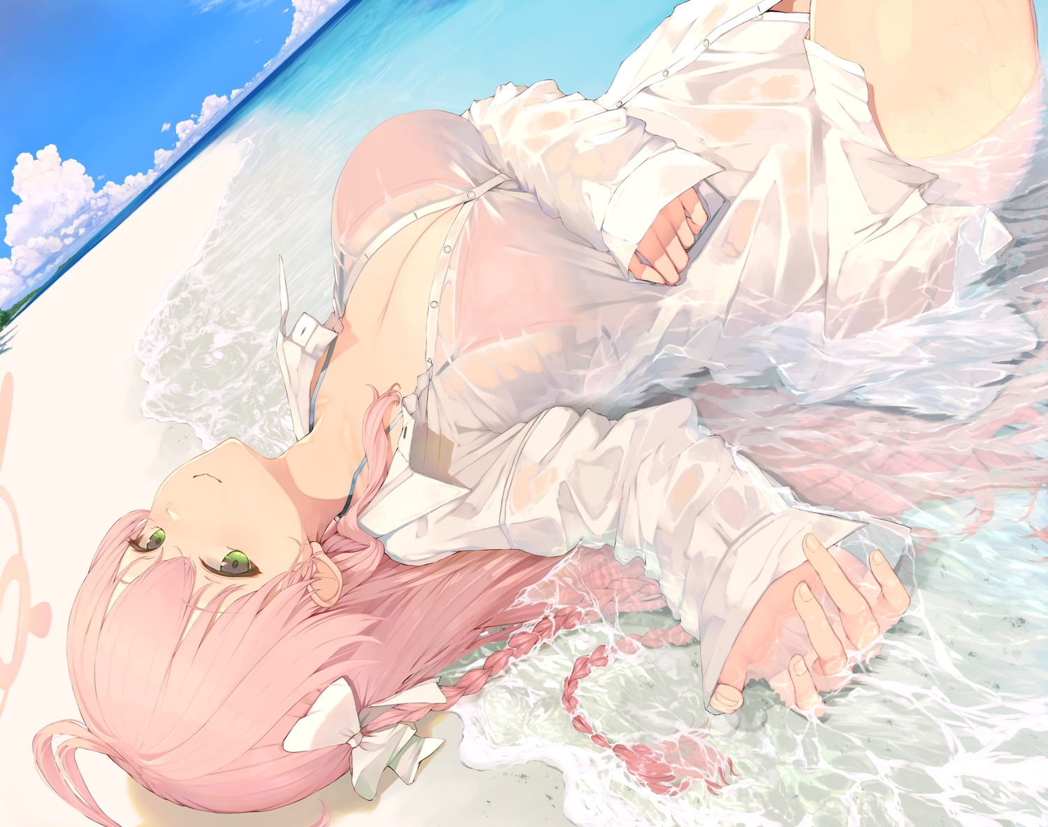 beach, bikini, blue_archive, bottomless, bow, braids, breast_hold, breasts, cleavage, clouds, green_eyes, halo, long_hair, open_shirt, piisu, pink_hair, see_through, shirt, sky, swimsuit, urawa_hanako, water, wet