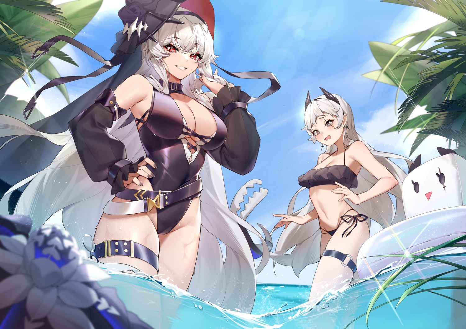 2girls, arknights, bikini, blush, breasts, cleavage, clouds, collar