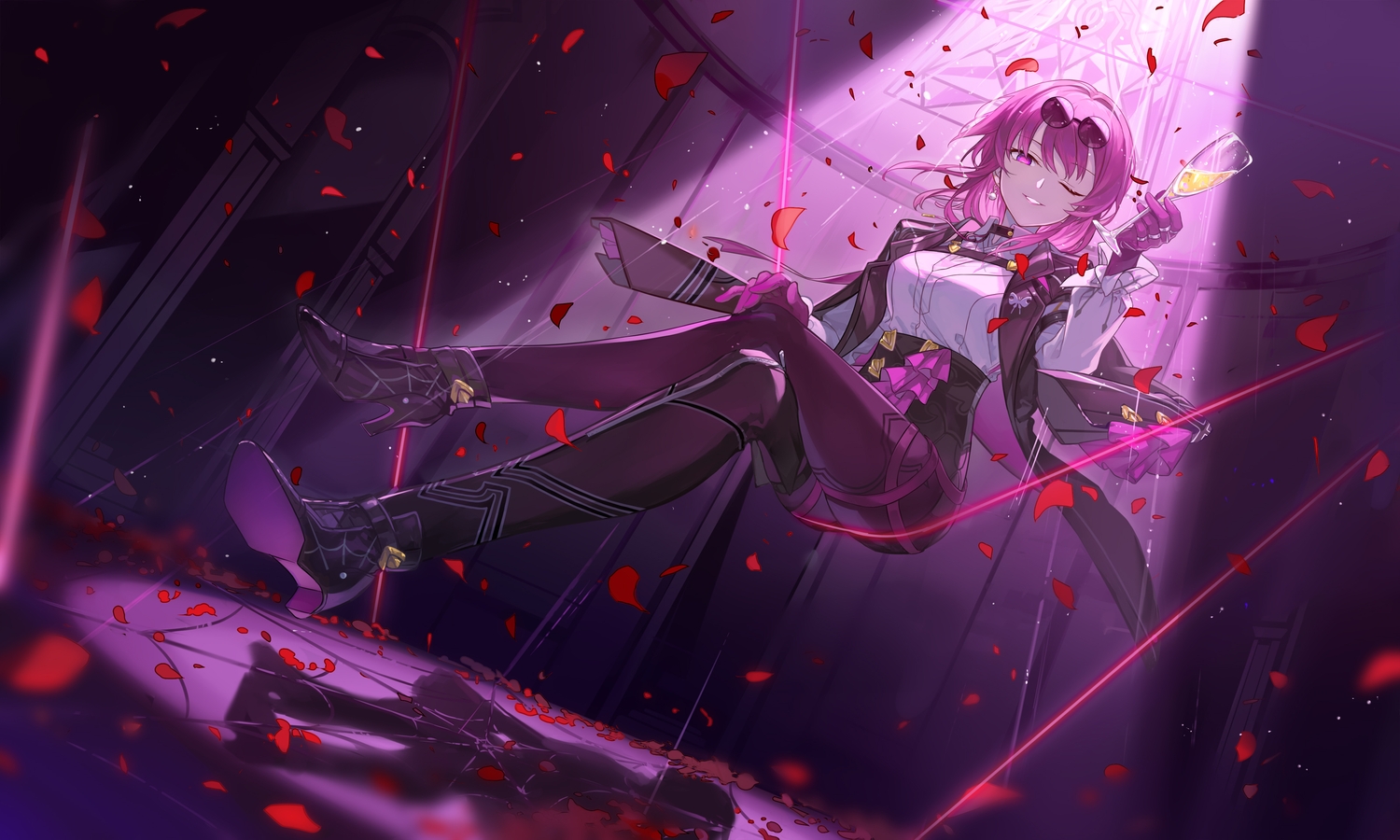 drink, gloves, honkai_(series), honkai:_star_rail, kafka_(honkai:_star_rail), kinoshita_neko, pantyhose, petals