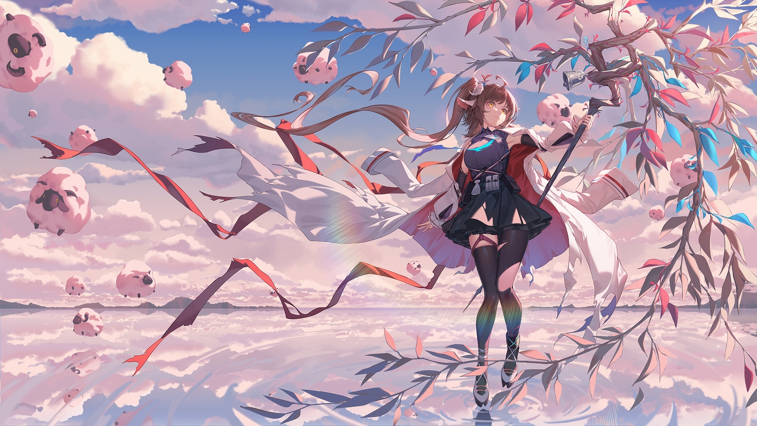 animal, animal_ears, arknights, brown_hair, clouds, eyjafjalla_(arknights), garter, horns