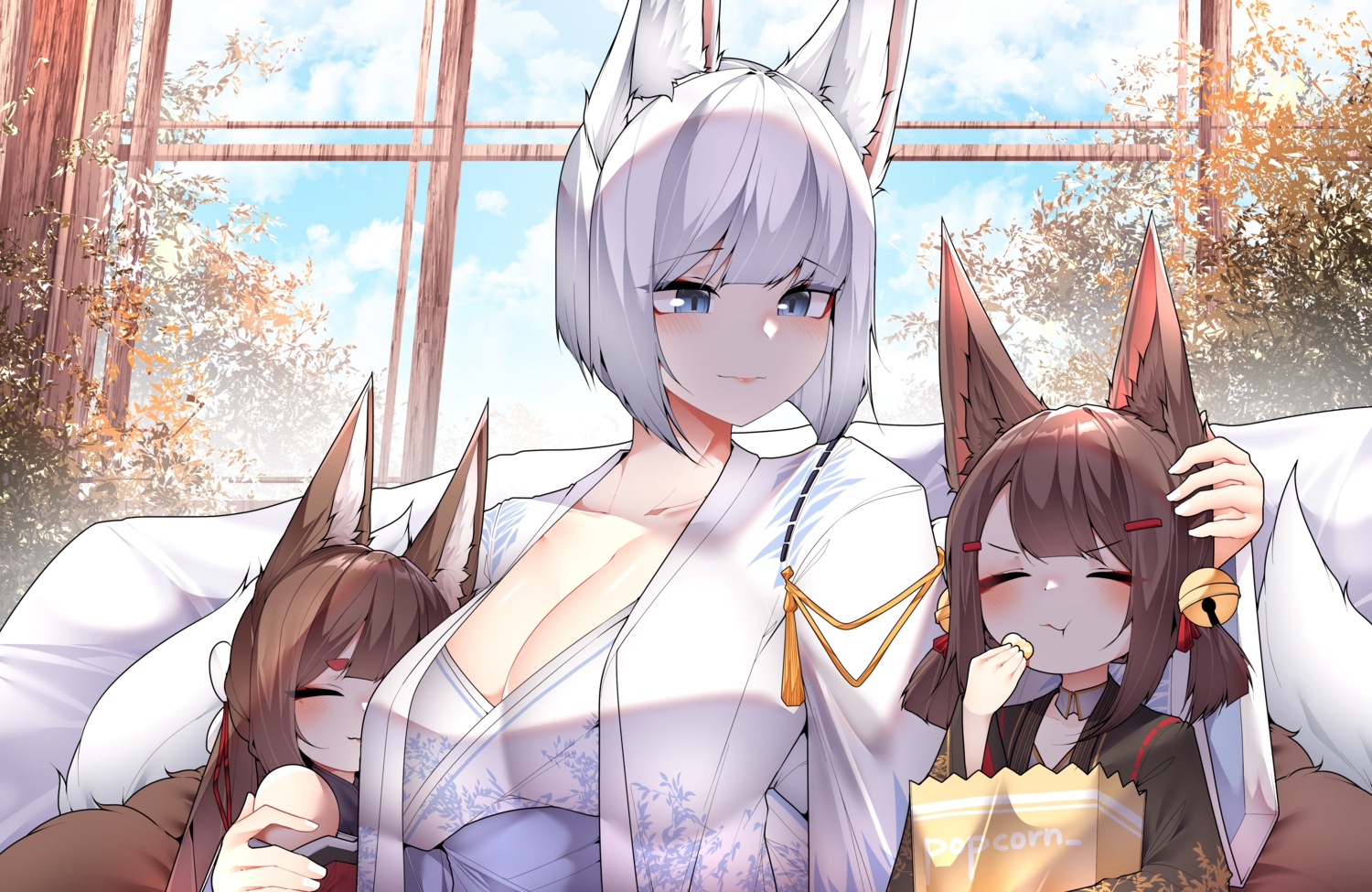 akagi_(azur_lane), akagi-chan_(azur_lane), amagi_(azur_lane), amagi-chan_(azur_lane), animal_ears, anthropomorphism, azur_lane, bell, blue_eyes, blush, breasts, brown_hair, cat_smile, cleavage, clouds, food, foxgirl, gray_hair, japanese_clothes, kaga_(azur_lane), kimono, loli, long_hair, multiple_tails, samip, short_hair, sky, tail, tree, twintails