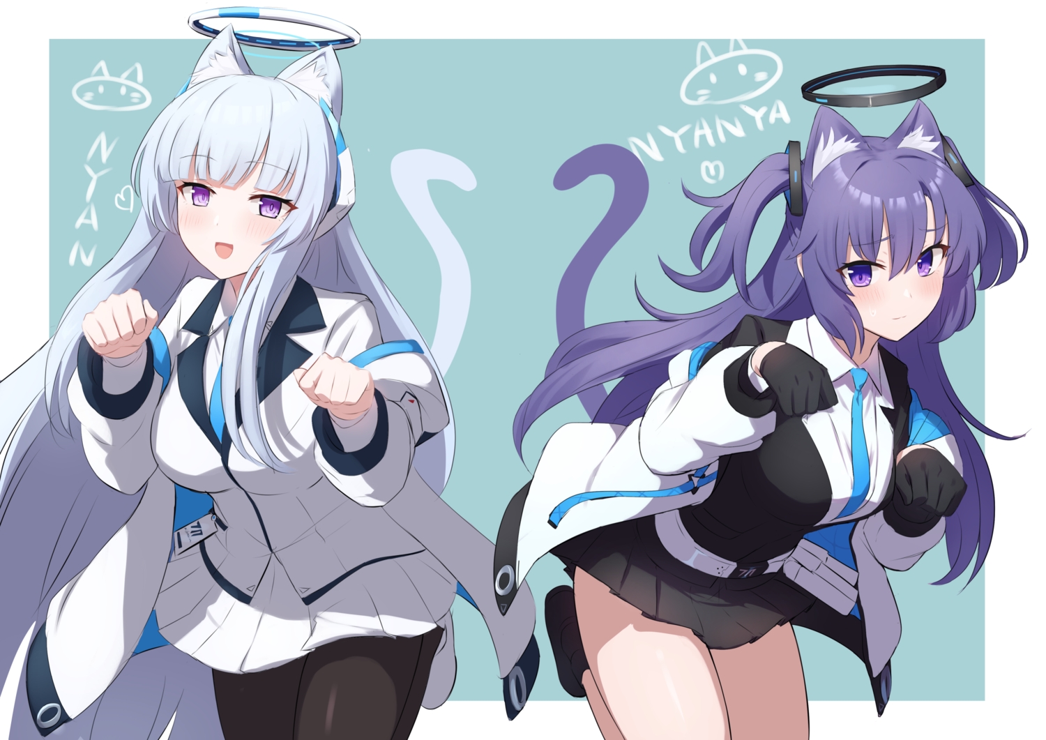 2girls, animal_ears, blue_archive, blush, catgirl, gloves, gray_hair, halo, hayase_yuuka, irrwisch, pantyhose, purple_eyes, purple_hair, school_uniform, shirt, skirt, tail, tie, twintails, ushio_noa