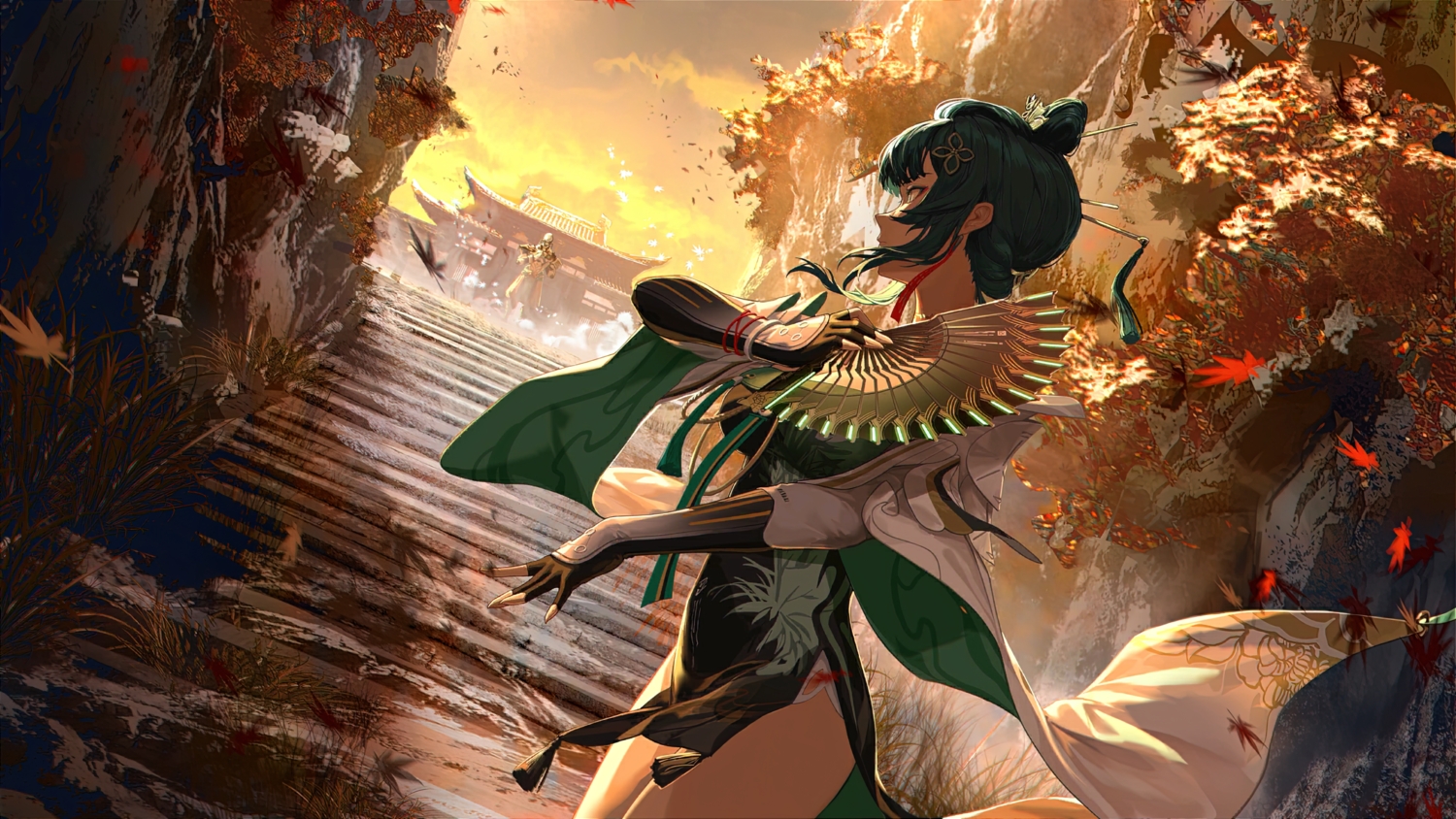 autumn, chinese_clothes, chinese_dress, clouds, dress, elbow_gloves, fan, gloves, green_hair, hanying_(pgr), leaves, punishing:_gray_raven, short_hair, shrine, sky, stairs, yanderenasa, yellow_eyes