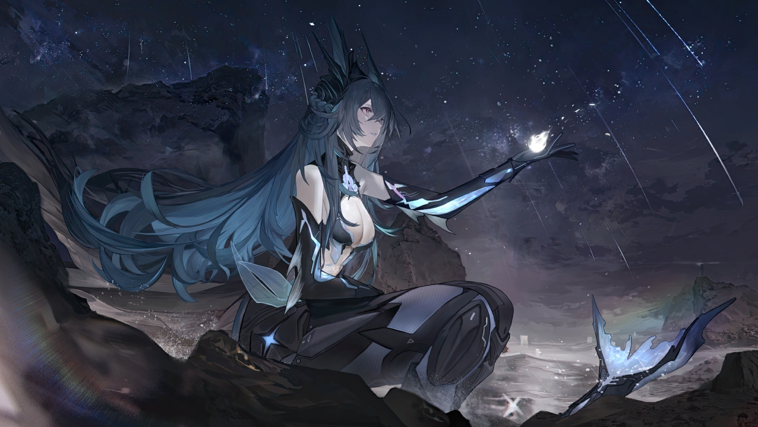 black_hair, braids, breasts, cleavage, elbow_gloves, gloves, lamia_(pgr), long_hair