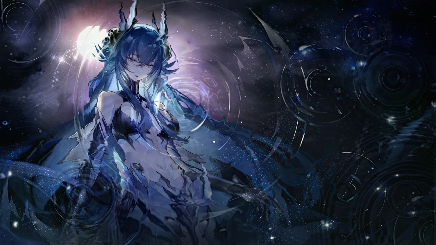 blue_hair, breasts, elbow_gloves, gloves, lamia_(pgr), long_hair, mermaid, moon