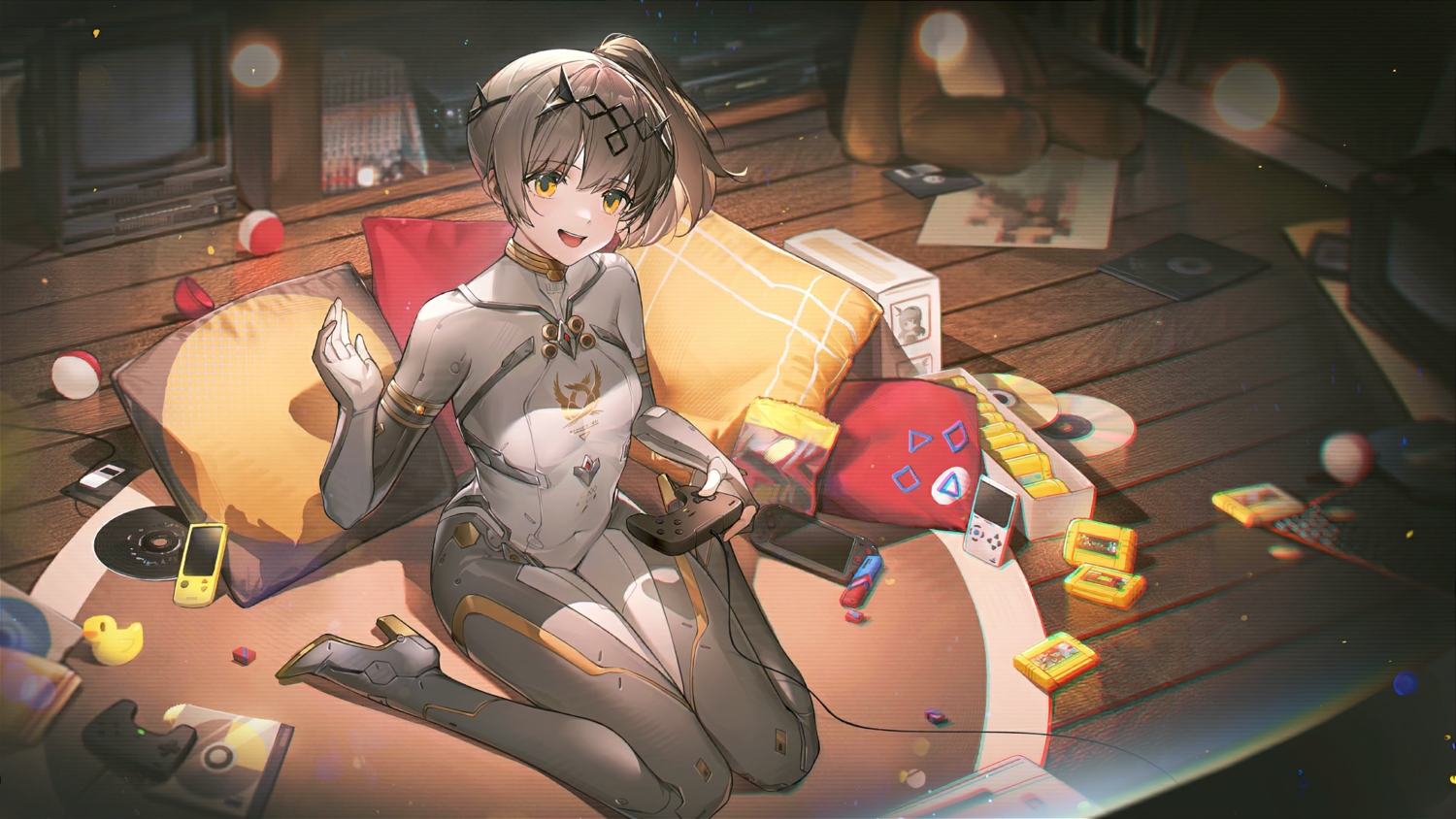 3d, ball, bodysuit, brown_hair, game_console, nanami_(pgr), orange_eyes, phone