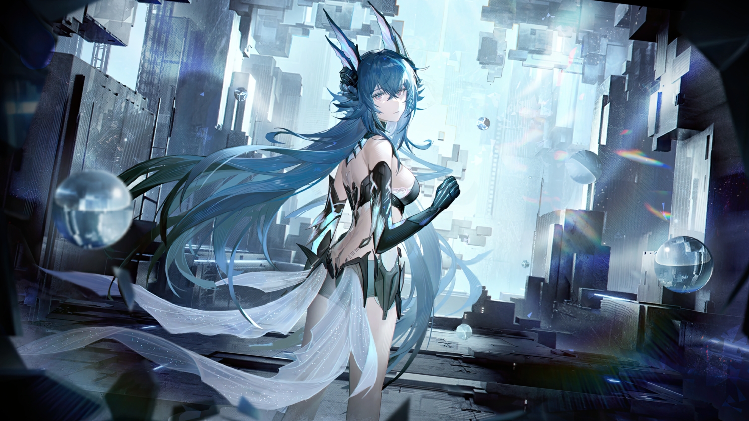 aqua_hair, ass, braids, bubbles, building, elbow_gloves, gloves, lamia_(pgr)