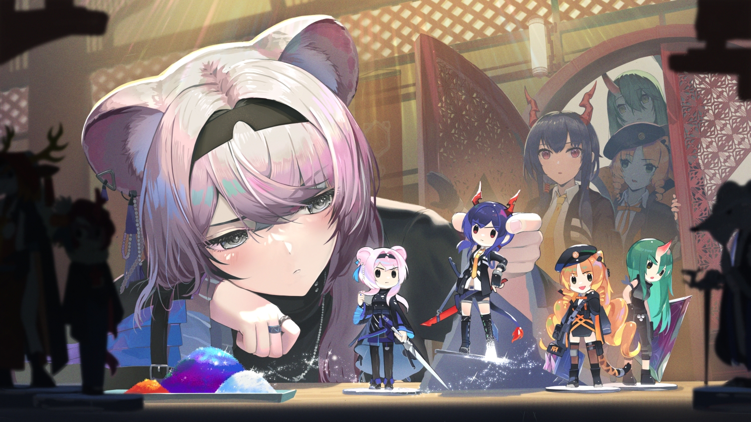 animal_ears, arknights, blue_hair, blush, ch'en_(arknights), gray_eyes, green_hair, group