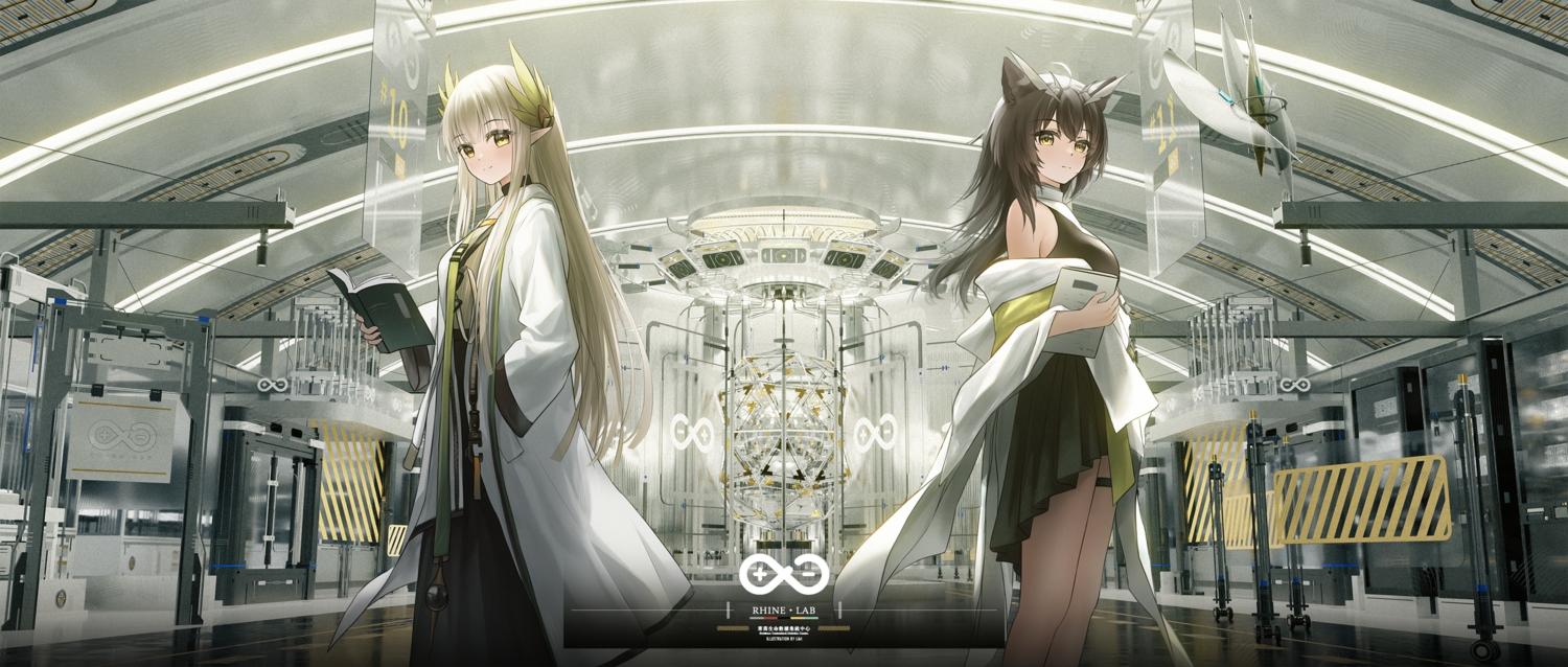 2girls, animal_ears, arknights, book, brown_hair, choker, dress, garter