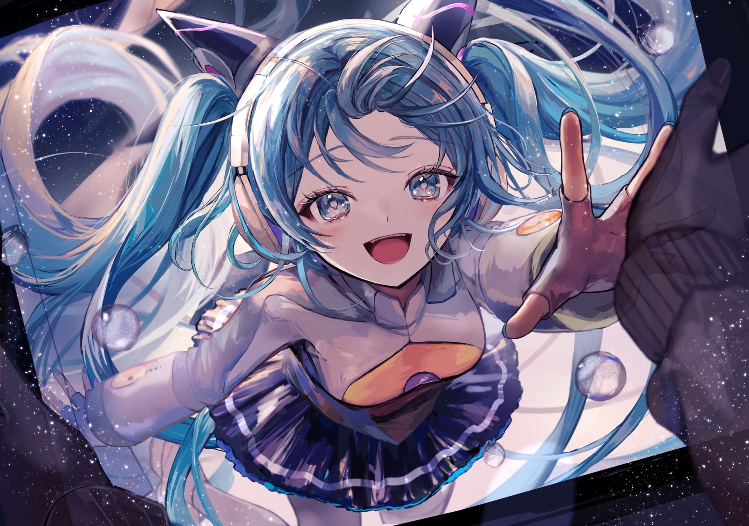 aqua_eyes, aqua_hair, blush, bubbles, close, fang, gloves, hatsune_miku, headphones, long_hair, odds_&_ends_(vocaloid), pipi, skirt, twintails, vocaloid