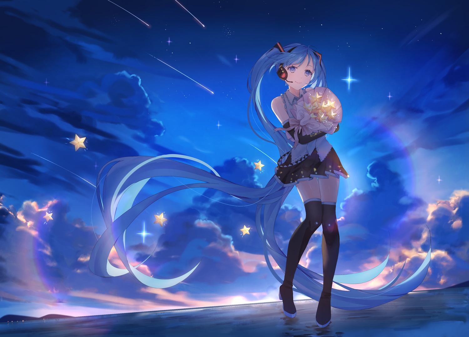 blue_eyes, blue_hair, blush, boots, bow, clouds, hatsune_miku, headphones