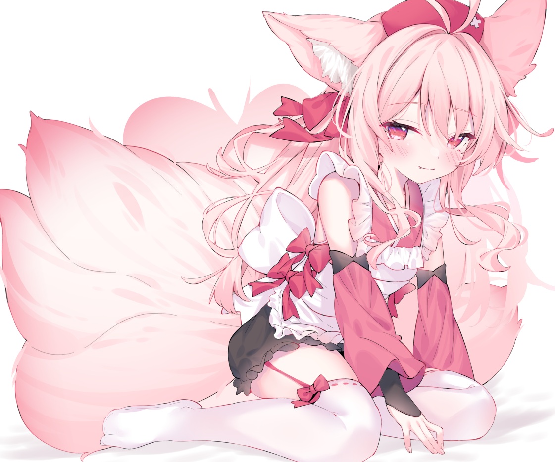 animal_ears, apron, blush, bow, cropped, dress, eip_(pepai), fang, foxgirl, garter_belt, headdress, loli, long_hair, maid, multiple_tails, original, pink_hair, red_eyes, stockings, tail, zettai_ryouiki