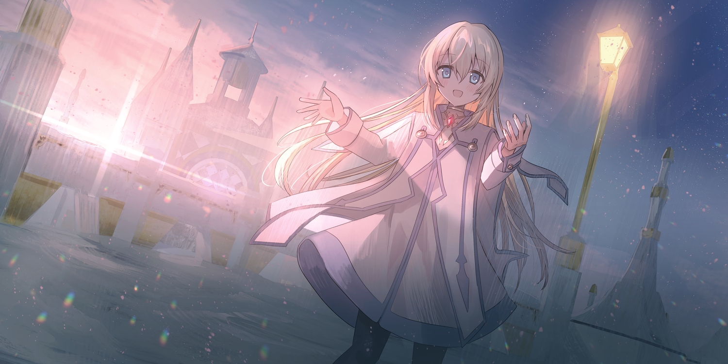 blonde_hair, blue_eyes, blush, building, chihuri405, clouds, colette_brunel, dress