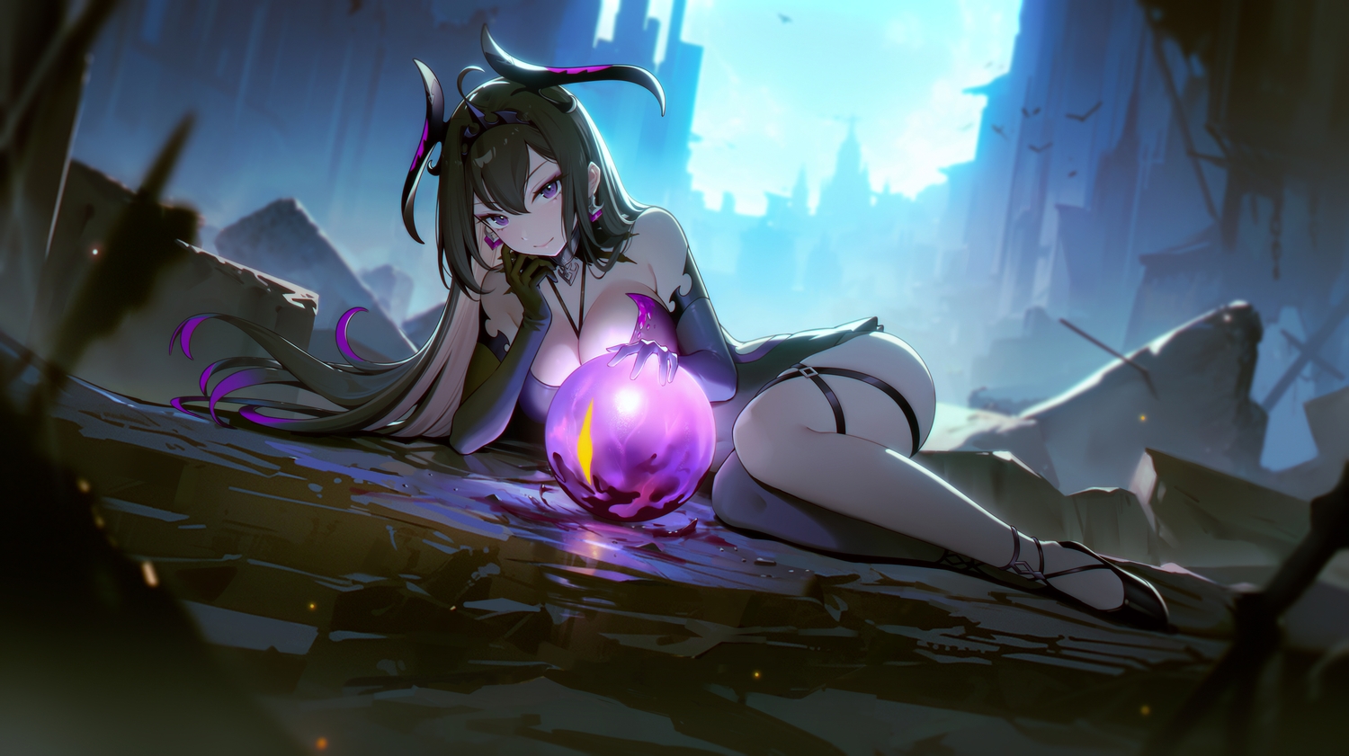 95_(jiuwujiang), ball, black_hair, breasts, building, city, cleavage, clouds, elbow_gloves, epic7, garter, gloves, headband, horns, long_hair, magic, purple_eyes, sky, specter_tenebria_(epic7)