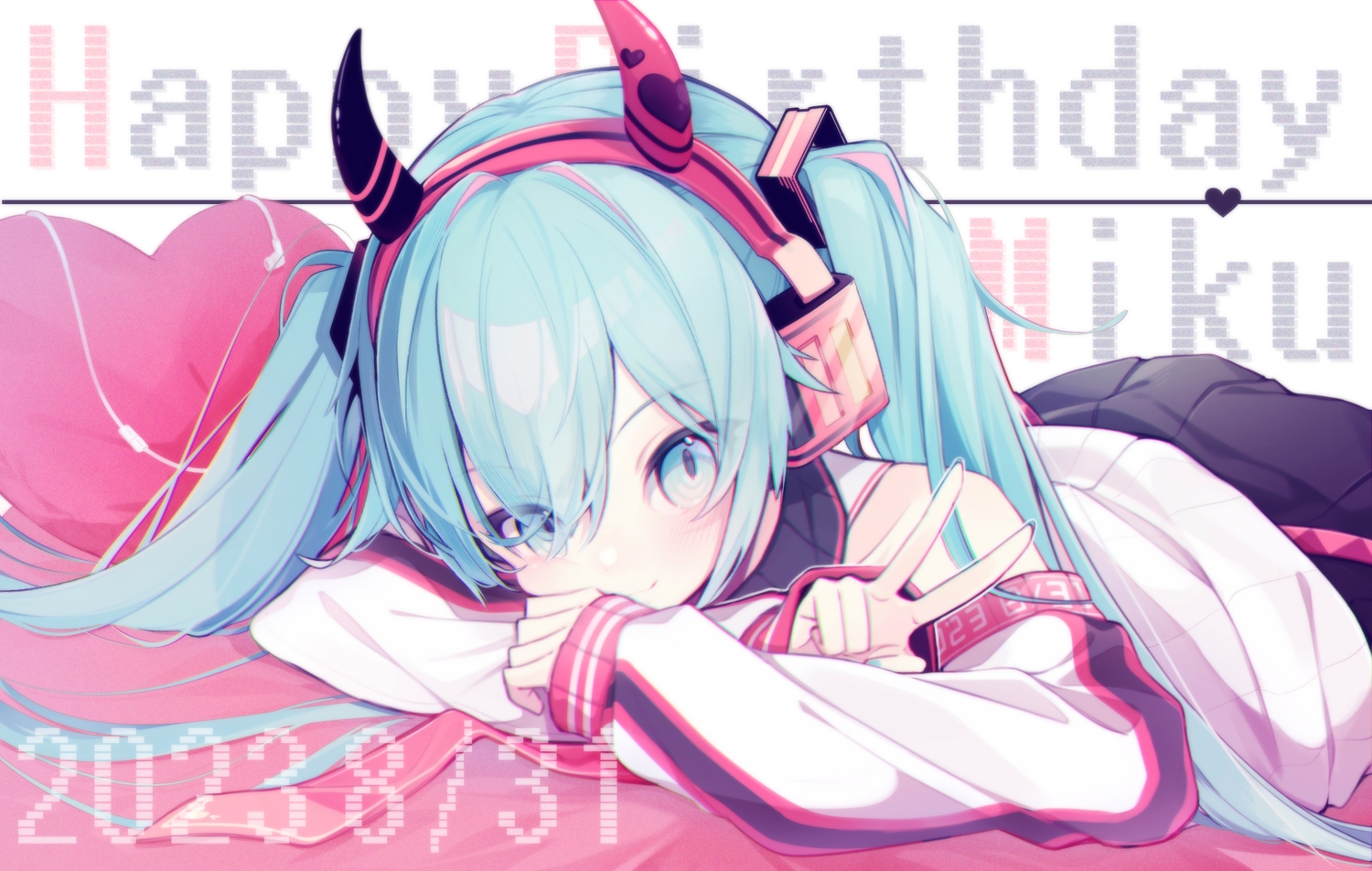 aqua_eyes, aqua_hair, blush, chuuko_anpu, close, hatsune_miku, headphones, horns