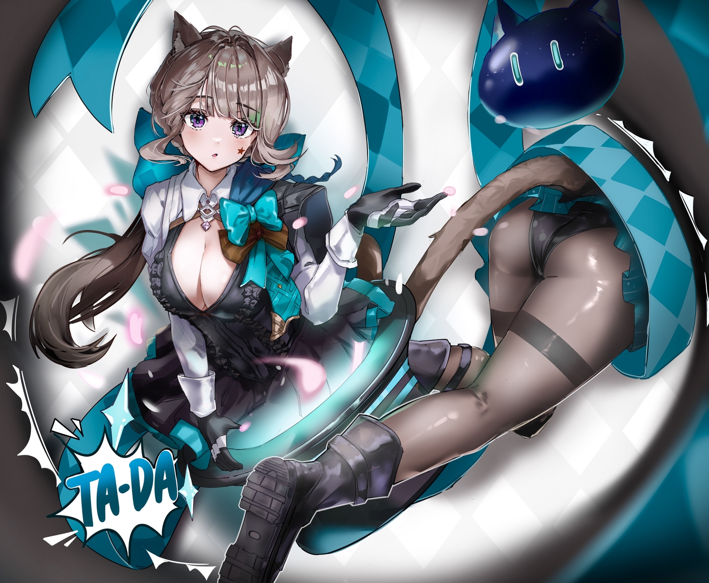animal_ears, ass, blush, boots, breasts, catgirl, cleavage, dress