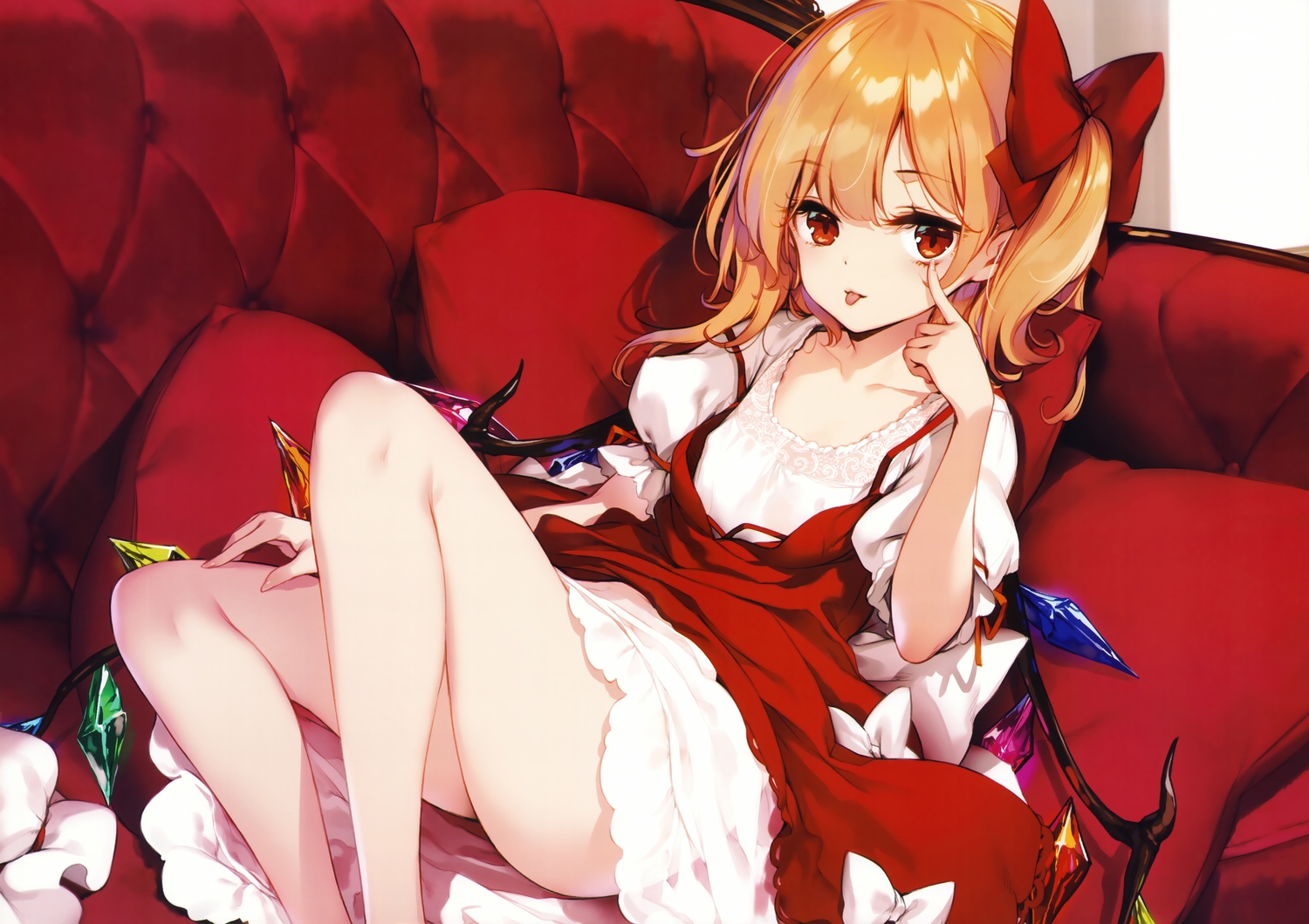blonde_hair, bow, cat_smile, couch, dress, erect_nipples, flandre_scarlet, flat_chest, ke-ta, loli, ponytail, red_eyes, scan, third-party_edit, touhou, vampire, wings
