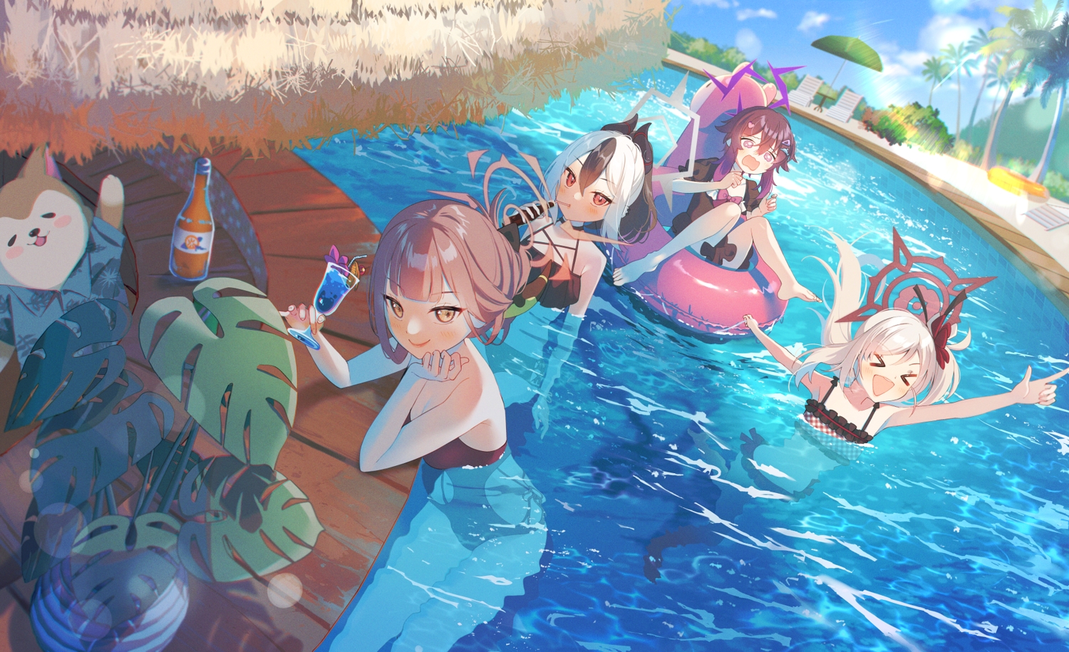 animal, asagi_mutsuki, barefoot, bikini, black_hair, blue_archive, blush, bow, breasts, cleavage, clouds, dog, drink, flat_chest, gray_hair, group, halo, horns, igusa_haruka, kurape_(pat1na), long_hair, onikata_kayoko, ponytail, pool, purple_eyes, red_eyes, red_hair, rikuhachima_aru, short_hair, sky, swim_ring, swimsuit, tree, umbrella, water, yellow_eyes