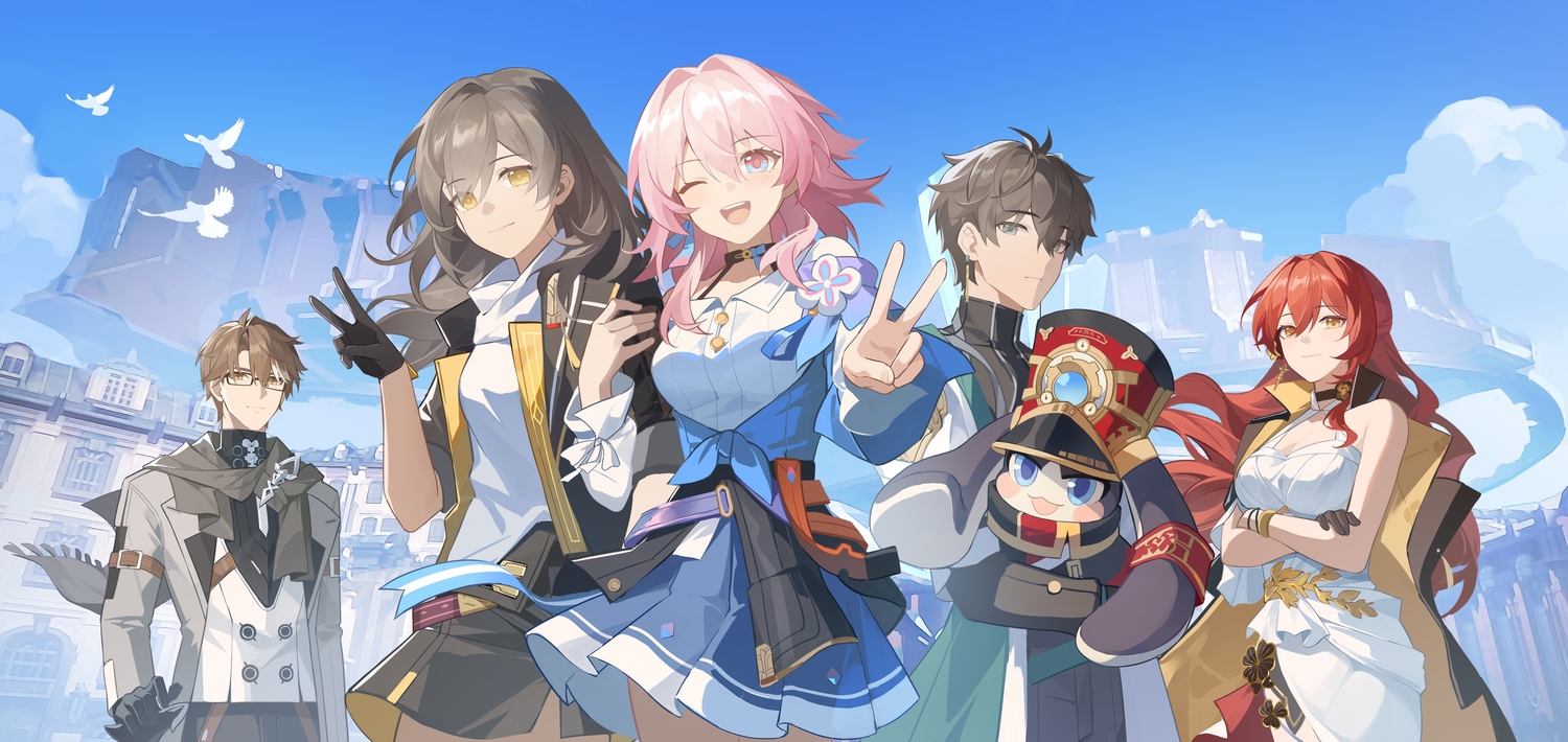 animal, aqua_eyes, bird, blue_eyes, blush, breasts, brown_eyes, brown_hair, building, cape, choker, cleavage, clouds, dan_heng_(honkai:_star_rail), fengtu_ad, glasses, gloves, group, himeko_(honkai:_star_rail), honkai_(series), honkai:_star_rail, long_hair, male, march_7th_(honkai:_star_rail), pink_hair, pom-pom_(honkai:_star_rail), red_hair, scarf, short_hair, skirt, sky, stelle_(honkai:_star_rail), trailblazer_(honkai:_star_rail), welt_yang_(honkai:_star_rail), wink, wristwear, yellow_eyes