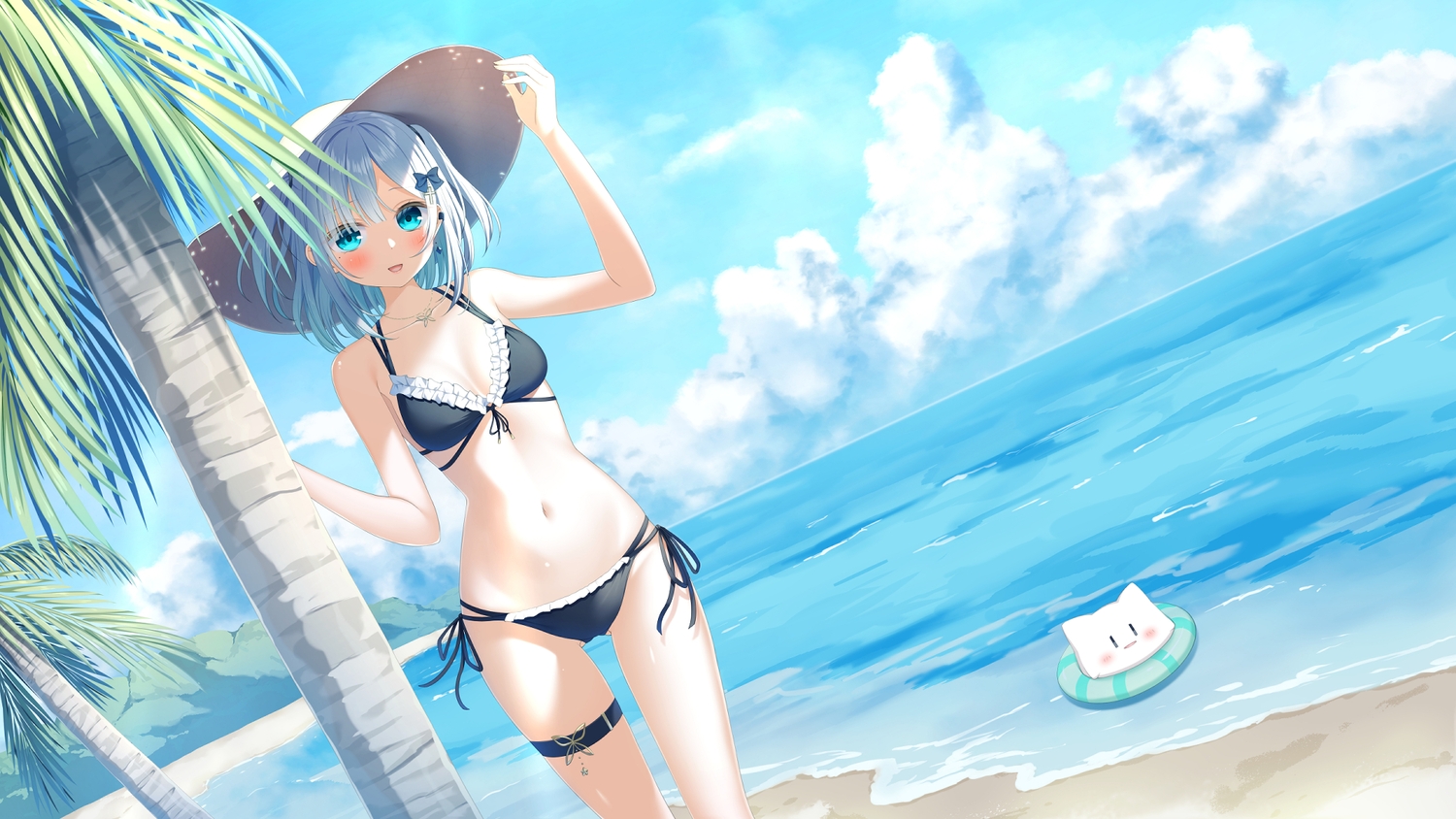 animal, aqua_eyes, beach, bikini, blush, breasts, cat, clouds, garter, gray_hair, hat, kaga_sumire, kokomine, lupinus_virtual_games, navel, necklace, scenic, short_hair, sky, swim_ring, swimsuit, tree, vspo!, water