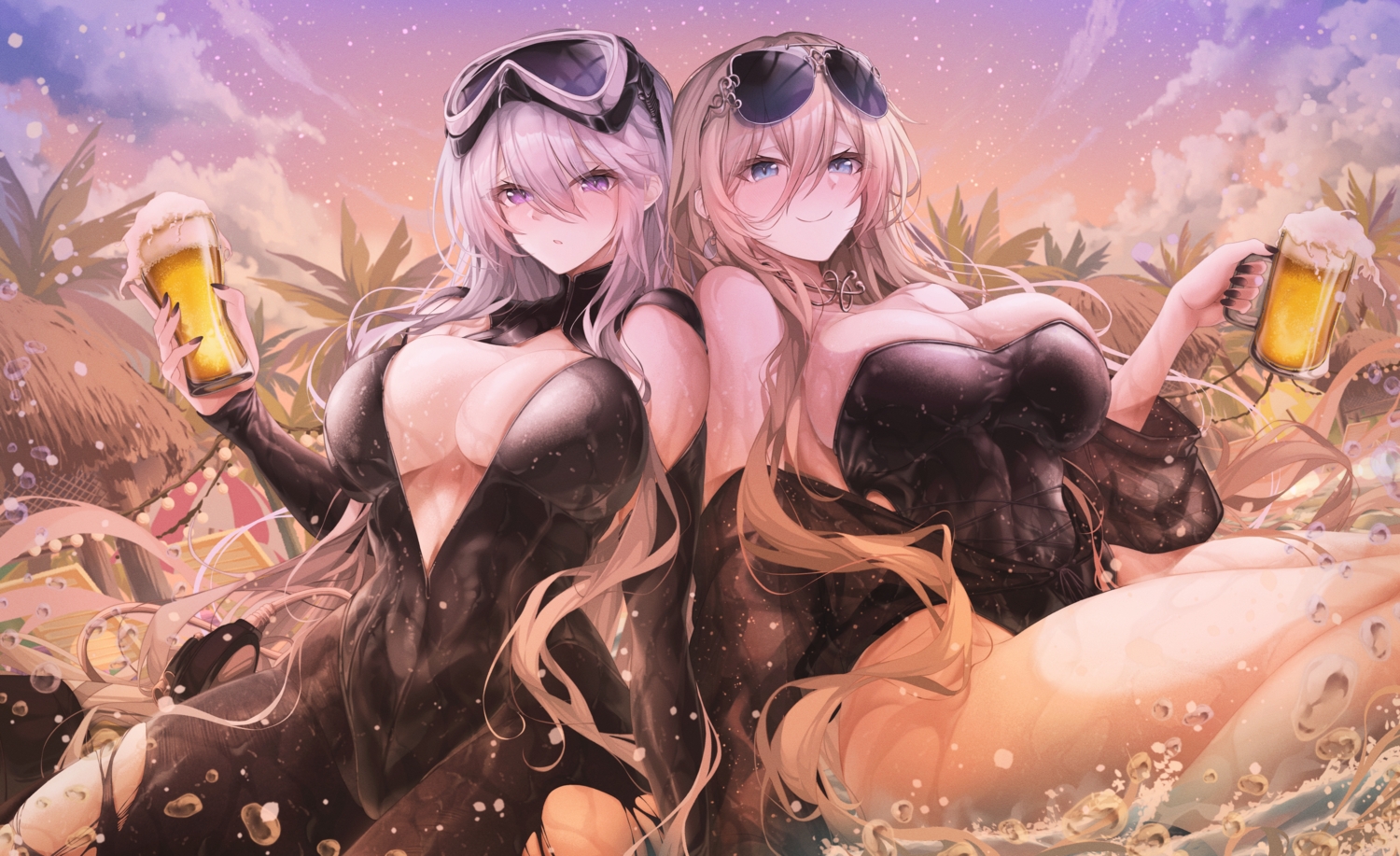 2girls, anthropomorphism, azur_lane, bismarck_(azur_lane), blonde_hair, blue_eyes, blush, bodysuit, breasts, choker, cleavage, clouds, drink, enterprise_(azur_lane), goggles, gray_hair, long_hair, open_shirt, purple_eyes, ru_251, sky, sunglasses, sunset, swimsuit, torn_clothes, tree, water