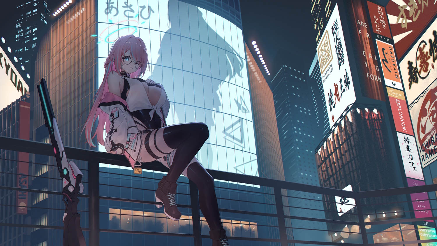 3d, blue_eyes, boots, braids, breast_hold, breasts, building, city, collar, cross, garter, glasses, gun, halo, lantian_lanz, leotard, long_hair, night, pink_hair, see_through, shorts, thighhighs, underboob, weapon, wink
