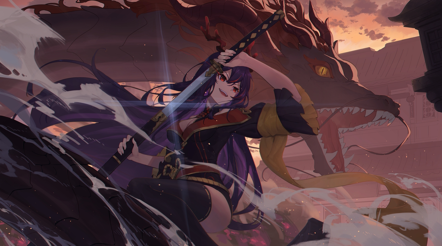 breasts, building, cleavage, clouds, dragon, fang, horns, katana