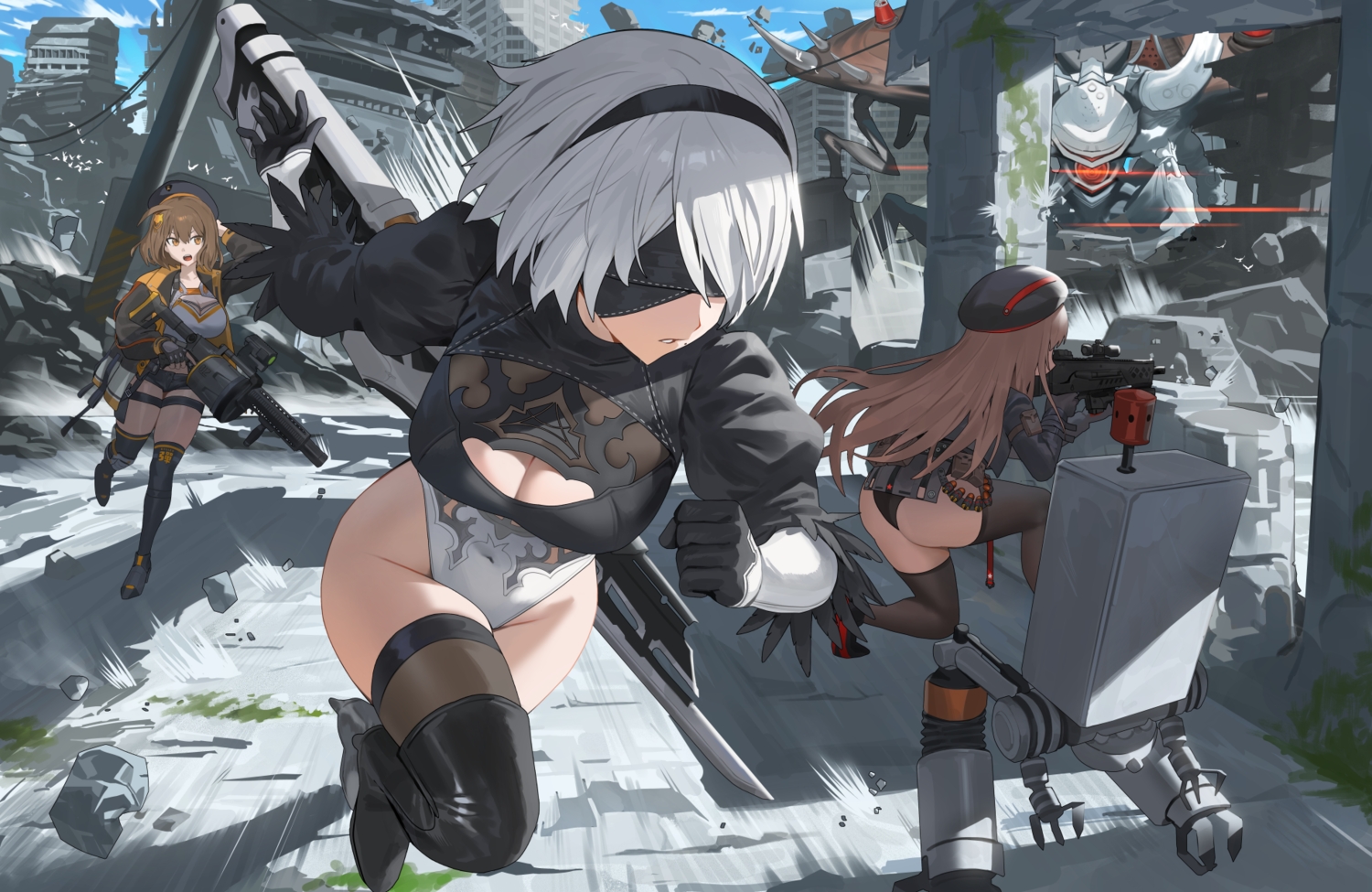anis_(nikke), ass, blindfold, boots, breasts, brown_hair, building, city, cleavage, crossover, elbow_gloves, garter, gloves, goddess_of_victory:_nikke, gray_hair, gun, hat, headband, hood_(james_x), leotard, long_hair, nier, nier:_automata, orange_eyes, pod_(nier:_automata), rapi_(nikke), robot, ruins, short_hair, shorts, thighhighs, weapon, yorha_unit_no._2_type_b