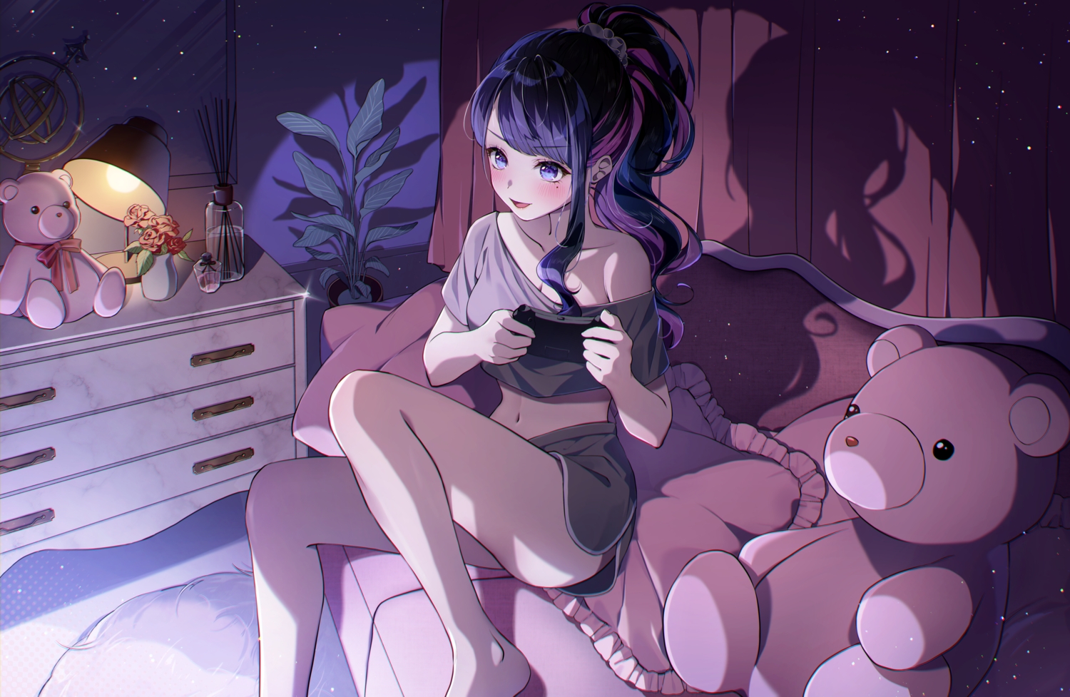barefoot, blush, couch, dark, flowers, game_console, koinoya_mai, long_hair, maruta_(shummylass), navel, ponytail, propro_production, purple_eyes, purple_hair, rose, shorts, teddy_bear
