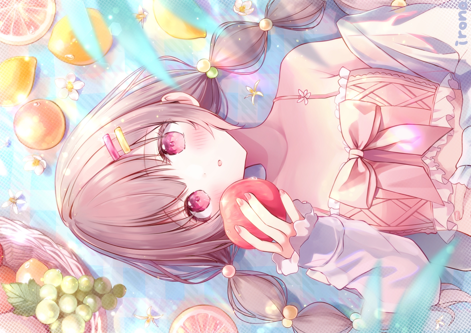 apple, blush, bow, braids, brown_hair, flowers, food, fruit