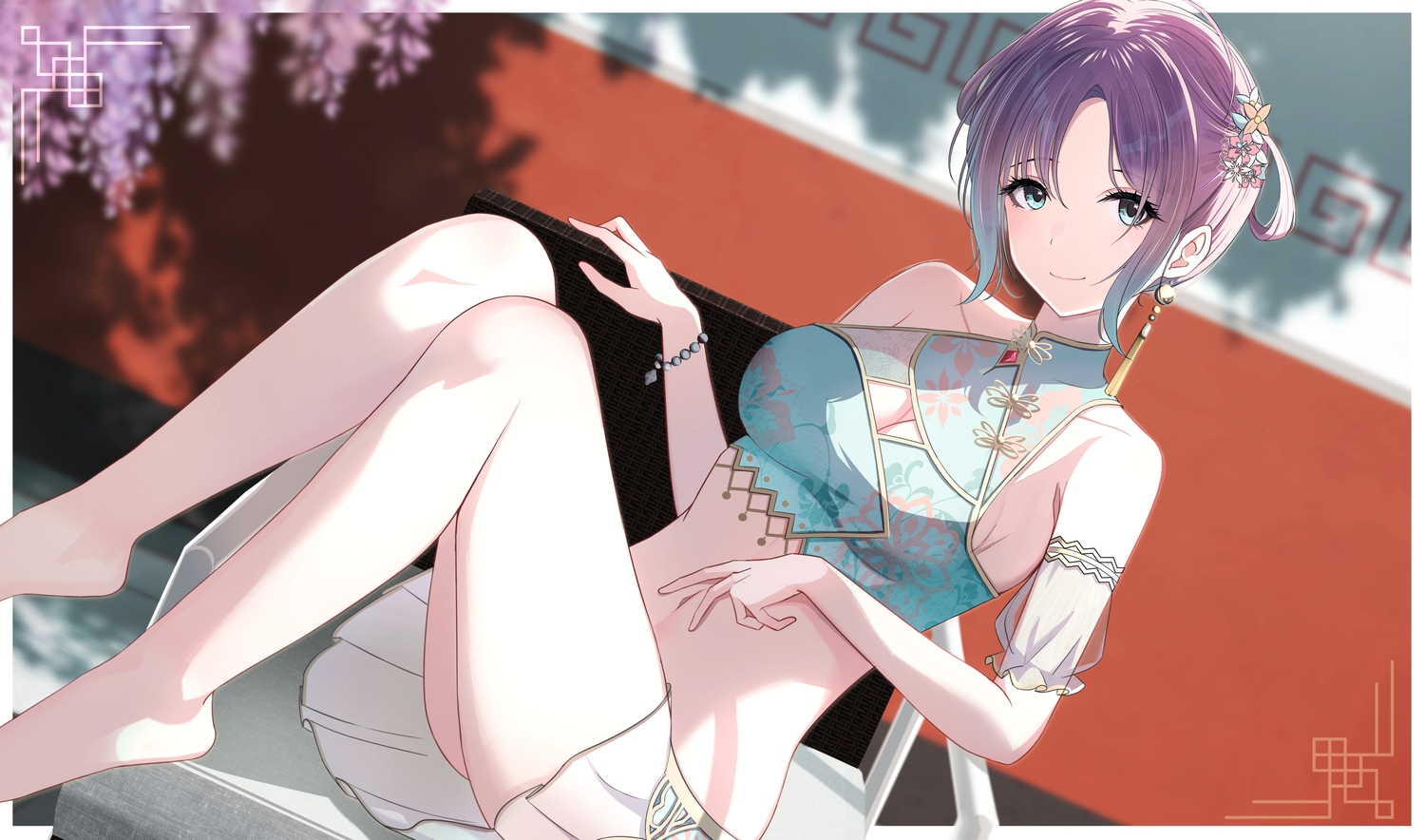 asakura_tooru, barefoot, black_eyes, breasts, chinese_clothes, cleavage, flowers, idolmaster